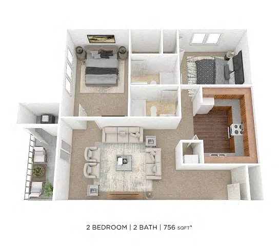 Floor plan Two Bedroom 2 Bath - 756 sqft