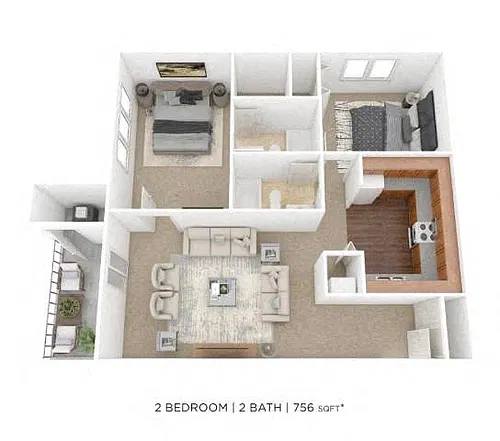 Floor plan Two Bedroom 2 Bath - 756 sqft