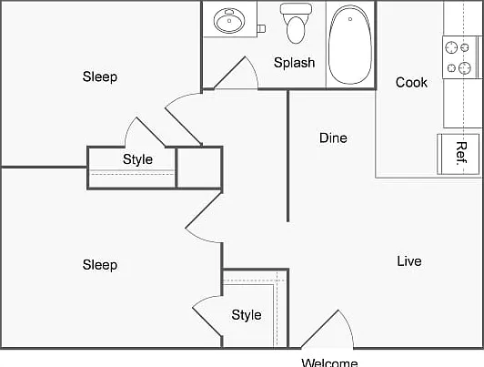 2 BR x 1 BA Floorplan 2 BR x 1 BA Floorplan