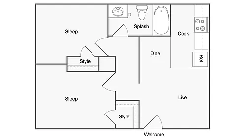 Floor plan 2 BR x 1 BA
