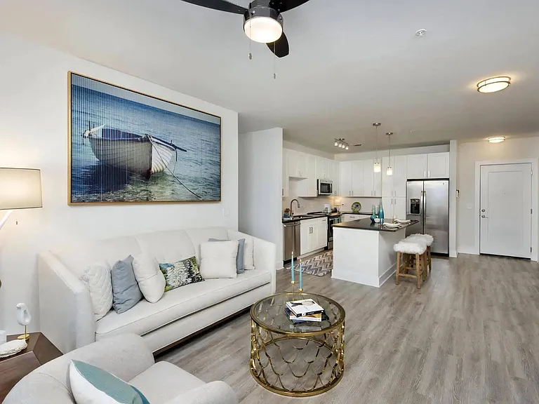 Modern Living Space with Island Kitchen and Contemporary Furnishings