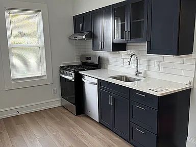 Brand new kitchen with navy blue cabinets, quartz c/t, dw, garb. disp, gas cooking.
