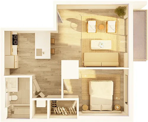 Floor plan West 1BR Balcony Bay A