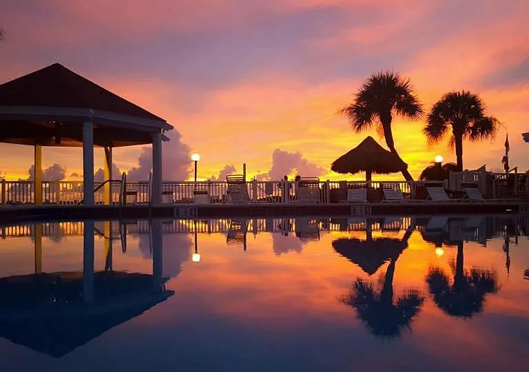 Waterfront Pool & Hot Tub at Sunset