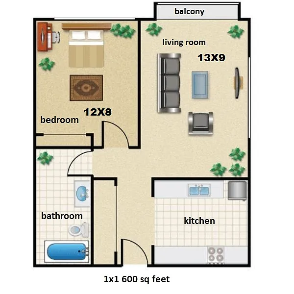 Floor plan CV2 1x1 w/ balcony/patio