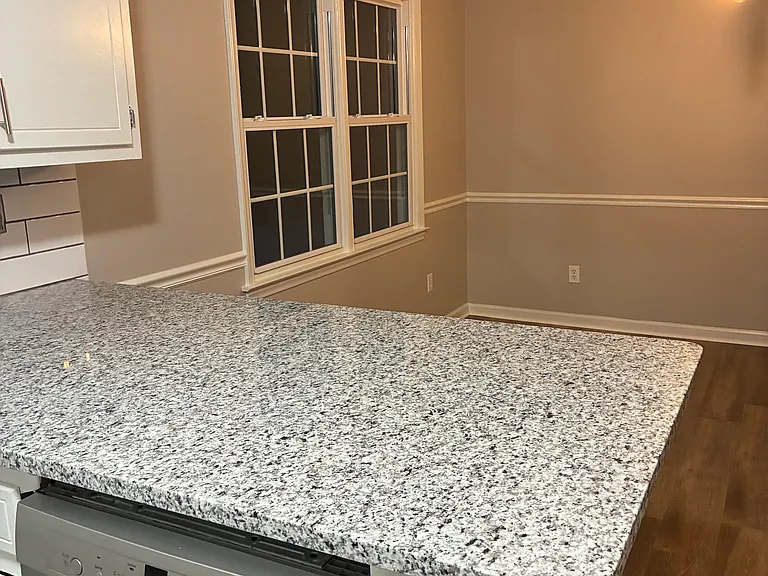 view to Dining Room and view of Dishwasher and granite countertops