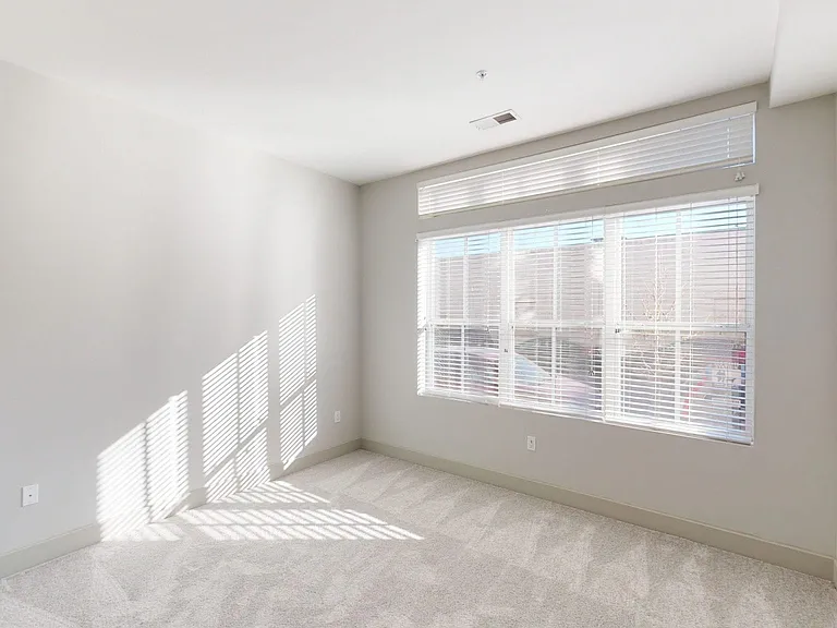 Spacious apartment bedroom with plush carpet flooring.