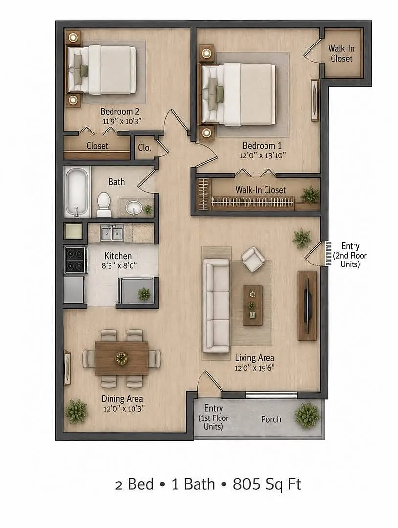 Floor plan 2 Bedroom/1 Bath