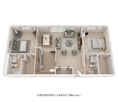 Floor plan Two Bedroom 2 Bath- 964 sqft