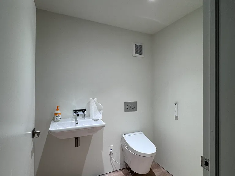 The basement-level bathroom features a wall-hung bidet toilet with a wall-mounted flush and a toilet remote control.