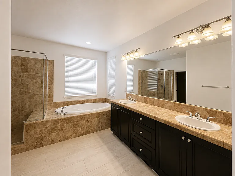 Primary suite bath with dual vanity sinks, jetted soaking tub and walk-in shower, new tile flooring, light fixtures and more