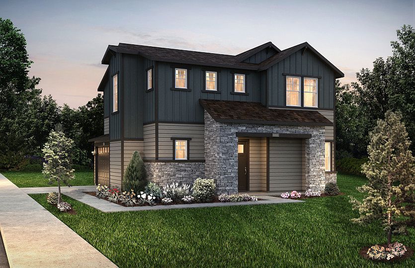 The Eldora shown in Elevation A is designed with classic shake siding and stylish stone accents.