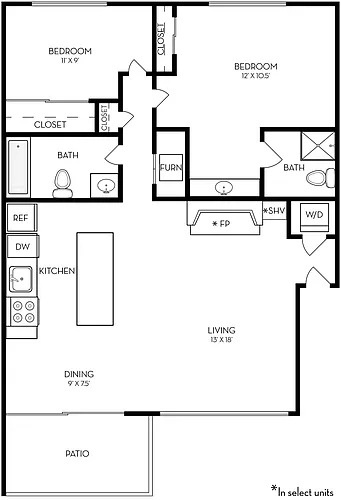 Floor plan 2 Beds, 2 Baths
