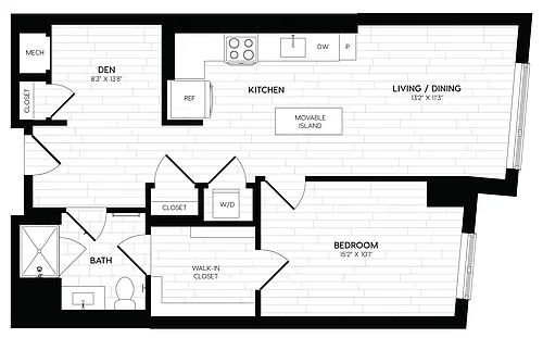 Floor plan 1 Bed/1 Bath Den-A11
