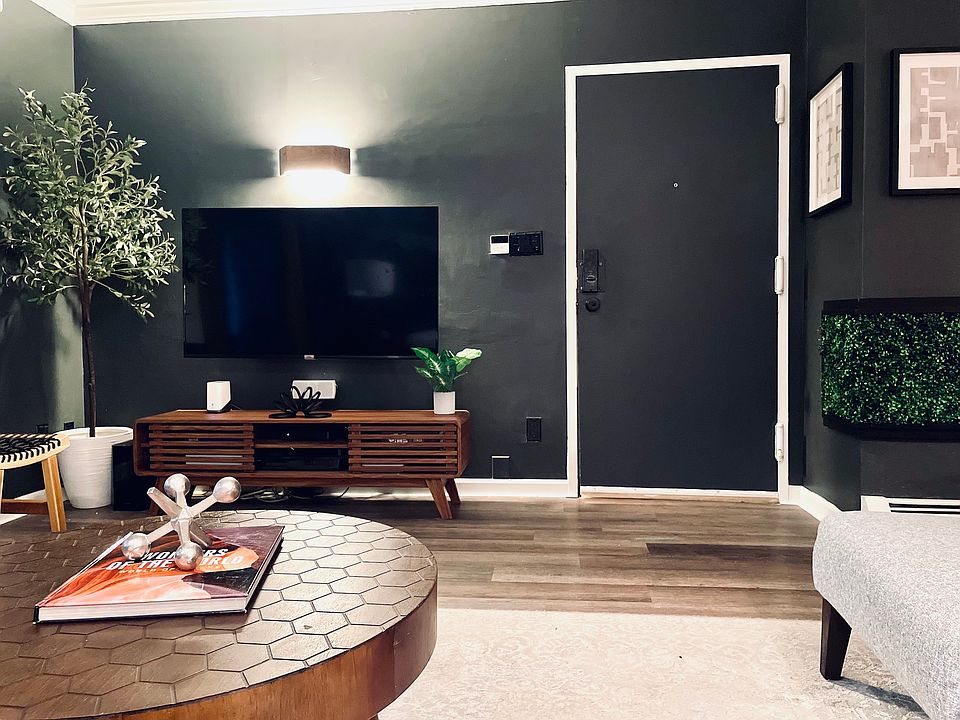 Living room: front door and TV view from the couch