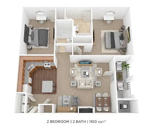 Floor plan Two Bedroom 2 Bath - 1,100 sqft
