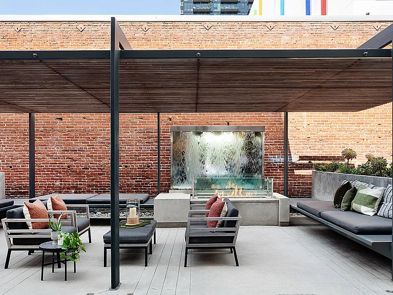 Apartment community outdoor lounge at Griffis East Village in San Diego, California.