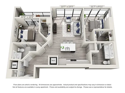 Floor plan Two Bedroom Two Bath (1,034 SF)