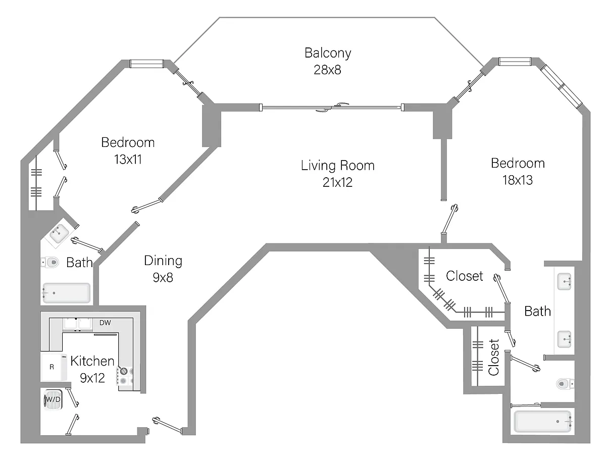 Floor plan B1 - 2BR 2BA (1291 SF)