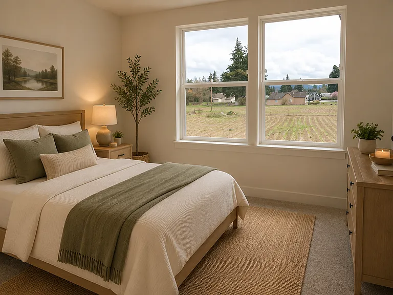 3rd bedroom staged as a guest bedroom.
Images are rendered with AI to show potential layout and staging.