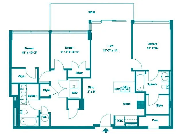 Floor plan Three Bedroom Two Bath (1357 SF)