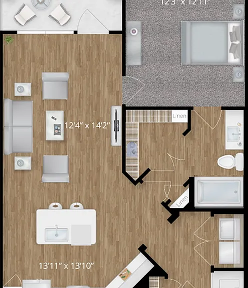 Explore the contemporary layout of this chic apartment, designed with open spaces for modern living. Explore the contemporary layout of this chic apartment, designed with open spaces for modern living.