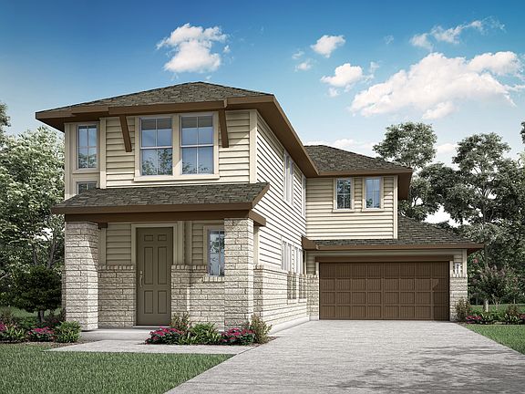 A two-story residential house with a garage, surrounded by lush greenery and a clear blue sky with f