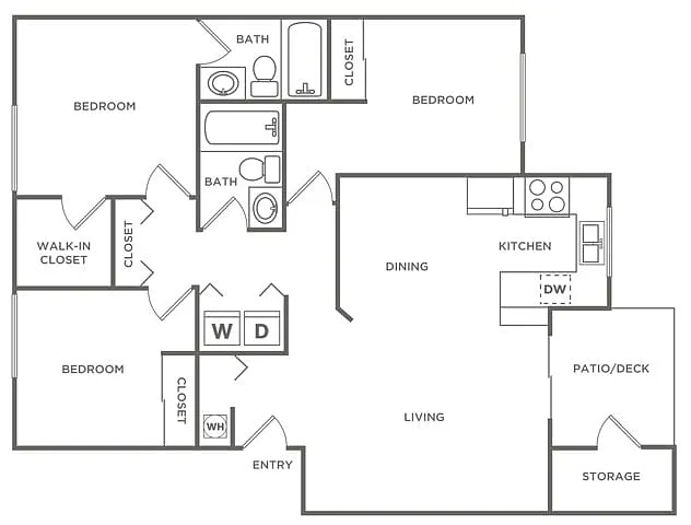 Floor plan Three Bedroom Two Bath (1123 SF)