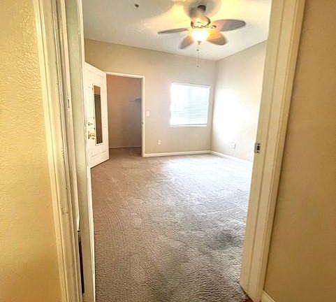 Master bedroom with walk-in closet and ceiling fan.