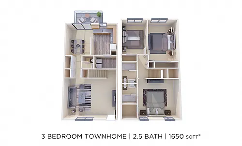 Floor plan Three Bedroom 2.5 Bath Townhome - 1,650 sqft