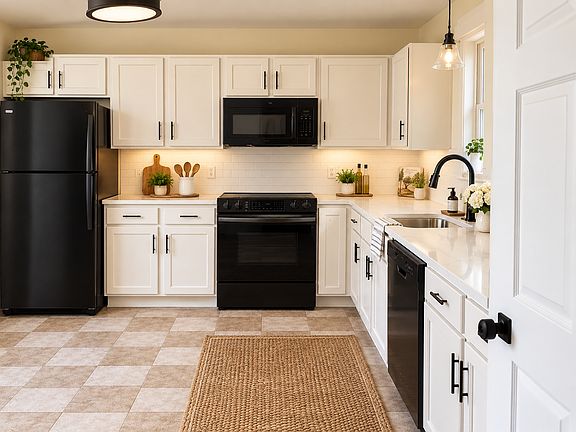 Brand new: Quartz countertop, white subway tile, refrigerator, flush mount range, fixtures, lights