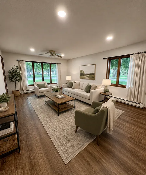 Staged image (furniture not provided) with bright, natural daylight from large picture windows.