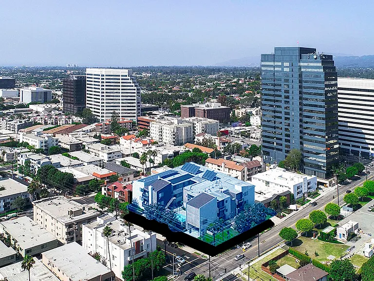 Aerial drone image of 1249 South Bundy at Bundy and Wilshire.