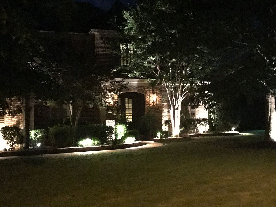 Front elevation at night. 