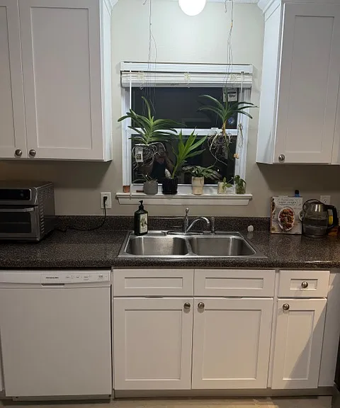 newer dishwasher and updated kitchen window that looks out to back yard