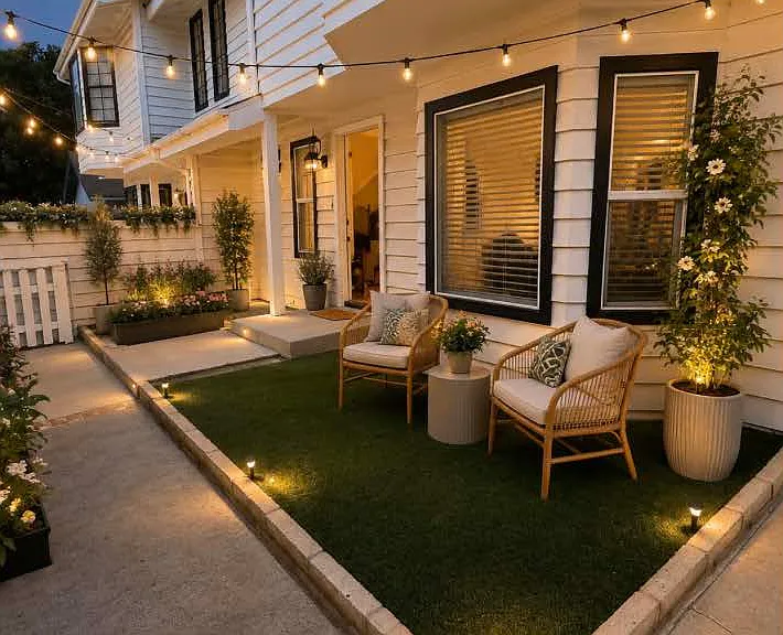 This is AI enhanced. As you can see from the other images the synthetic grass is already in place. This image shows what can be done by the new tenant.