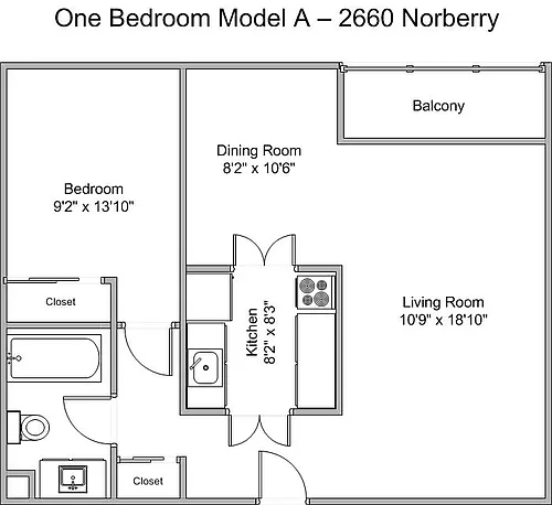 Floor plan 2660 Norberry 1-Bed Large