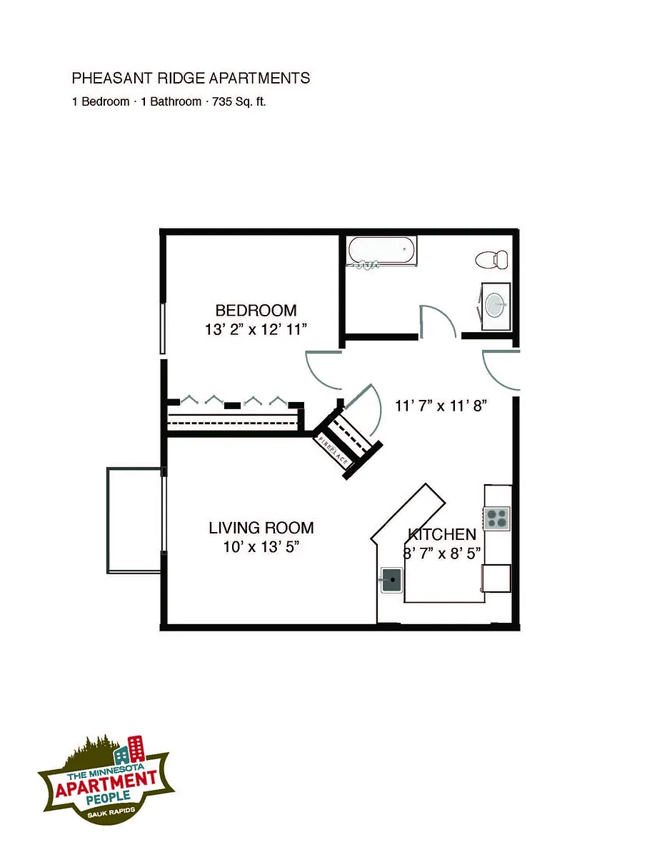 Floor plan 1bed 1bath Fireplace Washer Dryer