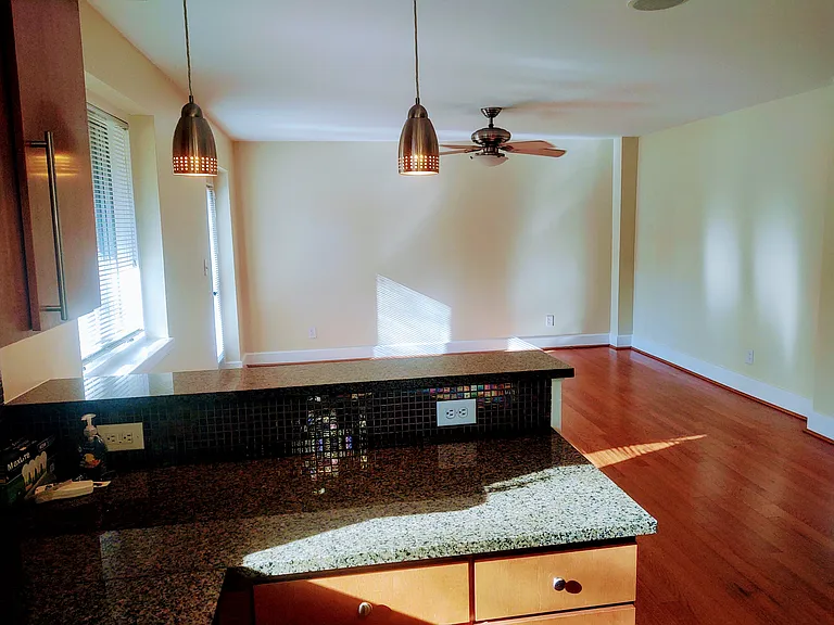 View from kitchen to living/dining room.