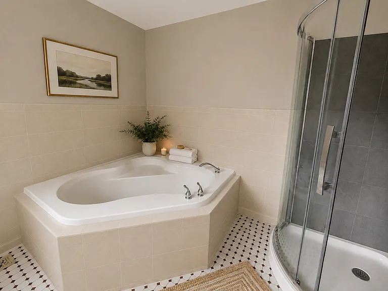 Bright, updated primary bathroom with a double vanity, soaking tub, and walk-in glass shower.