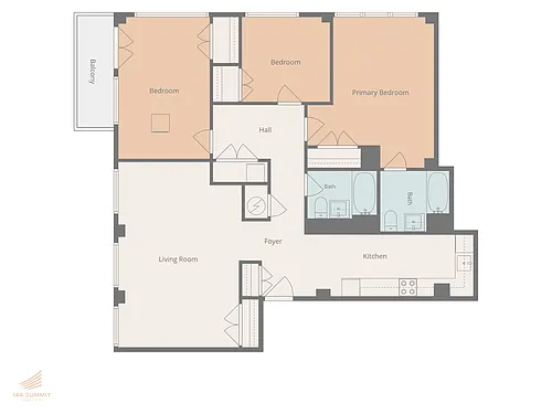 Floor plan Three Bed Two Bath with Balcony - 02 Line - 4th Fl