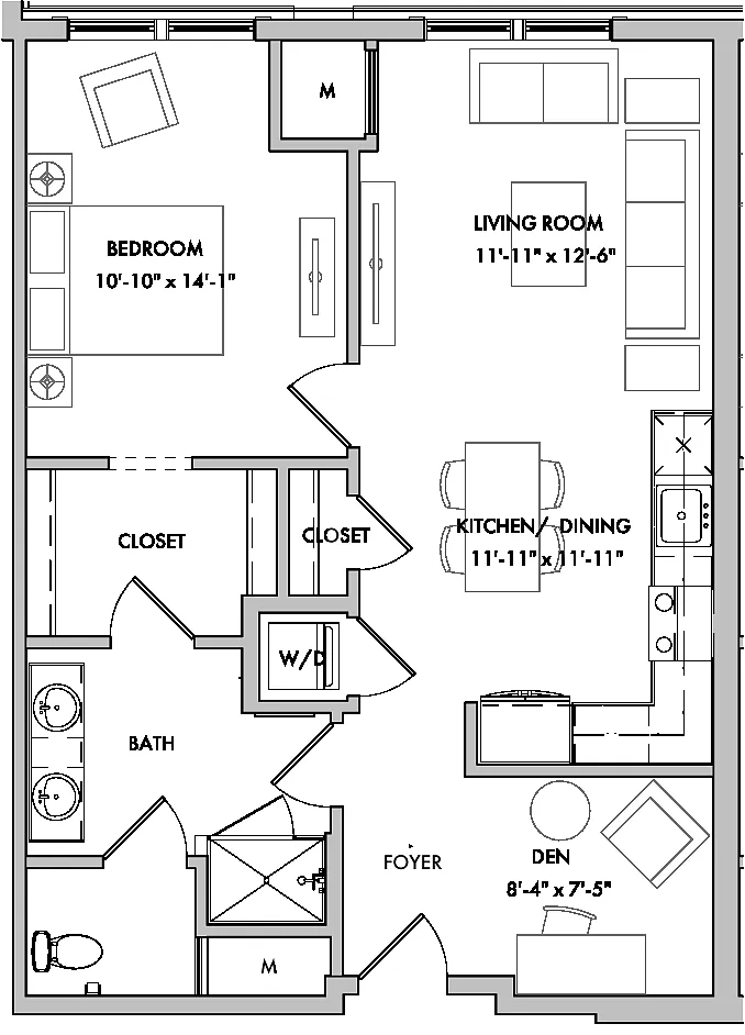 Floor plan Melford I 1 Bed/1 Bath Den-AD4