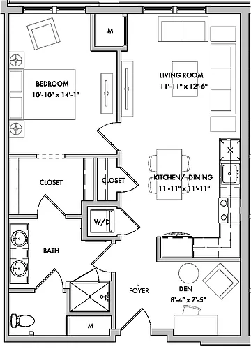 Floor plan Mansions 1 1 Bed/1 Bath Den-AD4