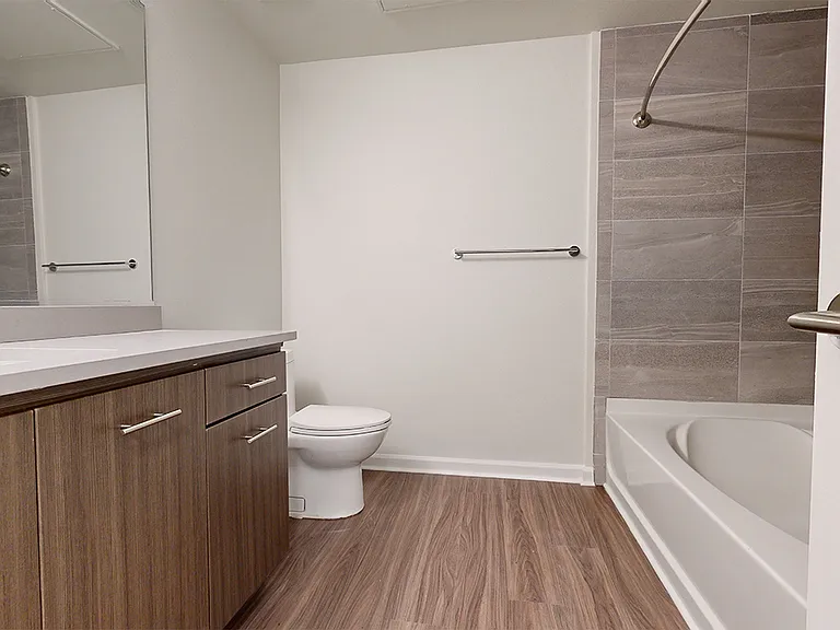 Apartment bathroom with wood-style flooring.