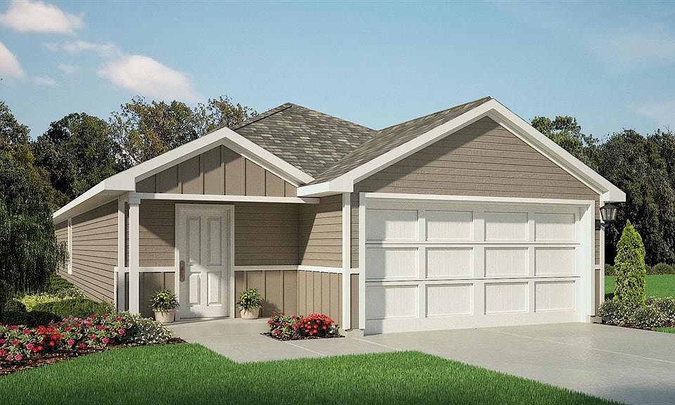 Front Elevation-D.R. Horton''''s Caprock elevation-X -All Home and community information, including pricing, included features, terms, availability and amenities, are subject to change at any time without notice or obligation. All Drawings, pictures, photographs, video, square footages, floor plans, elevations, features, colors and sizes are approximate for illustration purposes only and will vary from the homes as built.