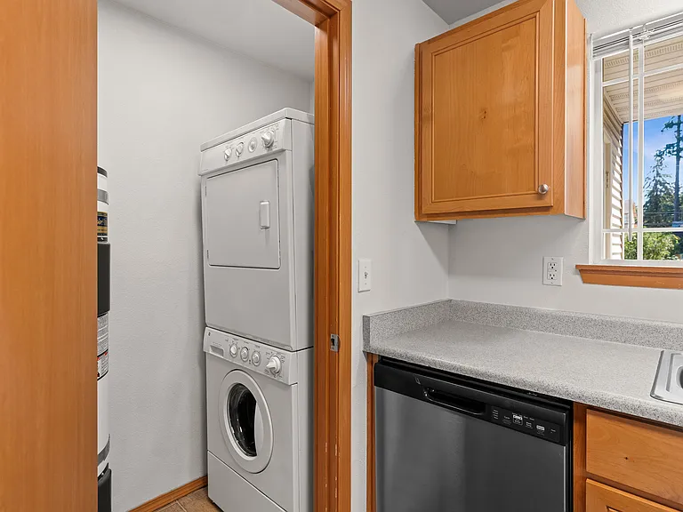 Efficient laundry setup integrated within kitchen space for convenience. Efficient laundry setup integrated within kitchen space for convenience.