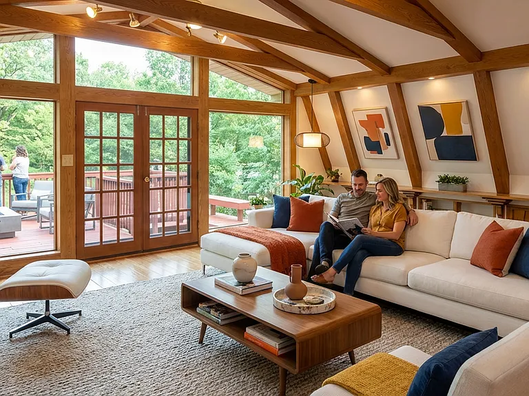 Spacious second-floor family room with exposed wood beams, cozy seating, and large windows offering a beautiful view of the deck and greenery beyond.