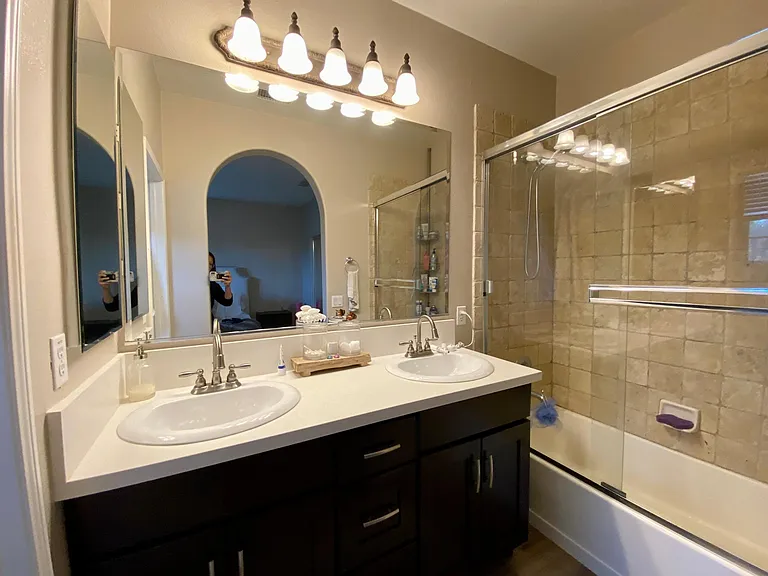 Master bathroom with dual vanity sinks