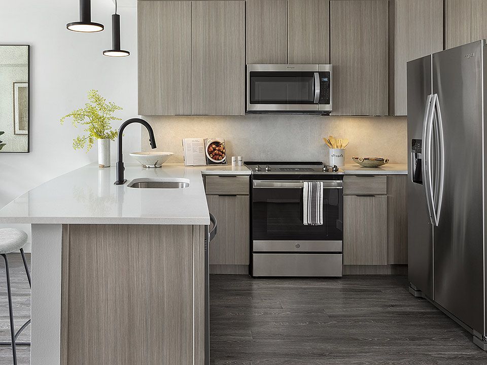 Apartment Kitchen with Stainless Steel Appliances, quartz counters and wood-like floors.