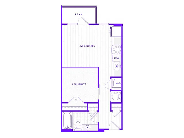 Floor plan Studio One Bath (623 SF)